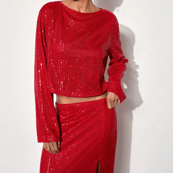 Red Party Women's Elegant Sparkling Sequin Side Slit Dress Set - Picture 4 of 6